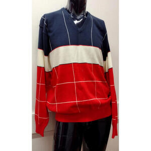 La Mode Sweater 1980s USA Sportswear XL White & Blue Faux Cashmere V Neck